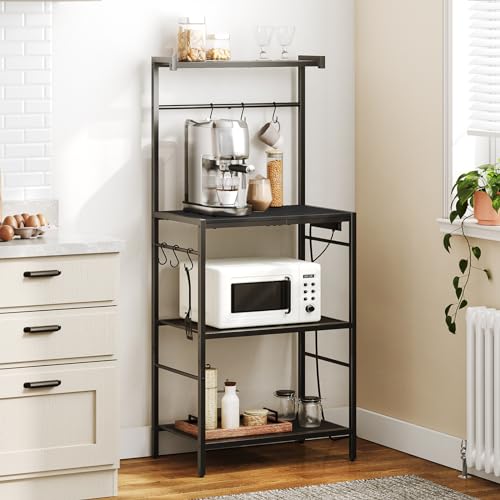 22.4 Inch Black Bakers Rack with Power Outlet, Kitchen Storage Shelf with Hooks