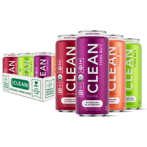 CLEAN Cause Low Calorie Sparkling Yerba Mate Tea Variety Pack - 12 Cans, 4 Flavors