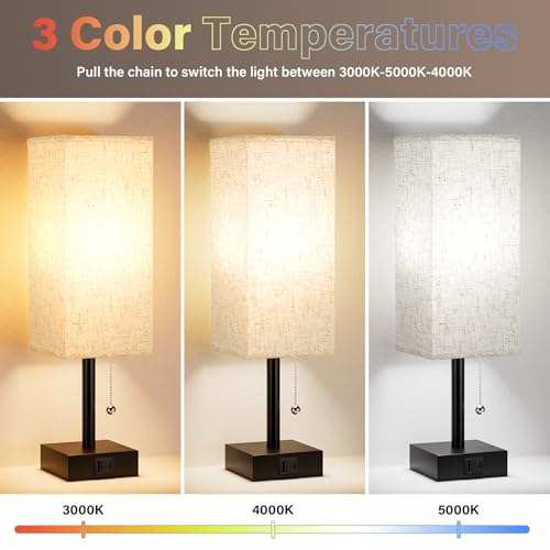 Fenmzee Bedside Lamps Set of 2 with USB-C & A Charging Ports, 3 Color Temperatures, Cream & Black, 14.3in