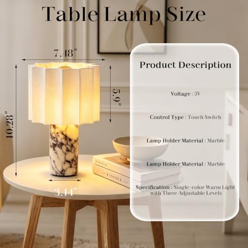 DGRGRHBV Rice White Marble Touch Table Lamp with Linen Shade - Cordless Rechargeable Night Light for Bedroom & Bedside