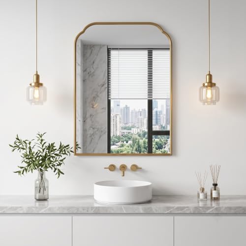 Gold Bathroom Scalloped Mirror - 36x24 Inch Rust-Proof Metal Frame - Wall or Vanity Decor