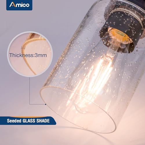 Amico 5-Light Farmhouse Bathroom Vanity Light with Seeded Glass & Black Wood Finish - Rustic Decor