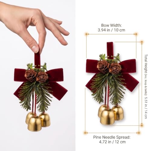 4 Pack Christmas Bow Ornaments with Jingle Bells, Pine Cone Hanging