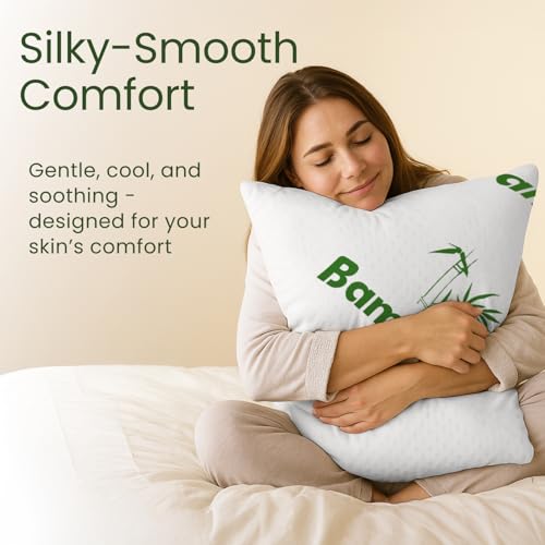 Sleepavo Queen Firm Memory Foam Pillow Set of 2 - Cooling Shredded Bed Pillows for Sleep, Back, Side & Stomach Sleepers, Rayon from Bamboo, 28x17x8