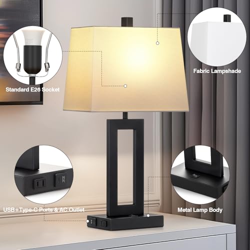 Cinkeda Black Bedside Table Lamp Set of 2,Nightstand Lamps with USB