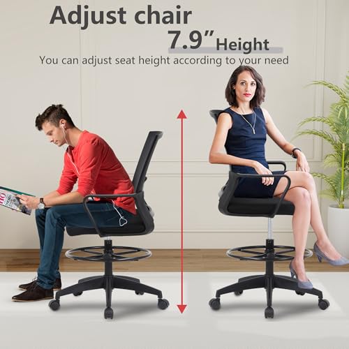Tall Drafting Chair with Lumbar Support - Black Ergonomic Office Stool