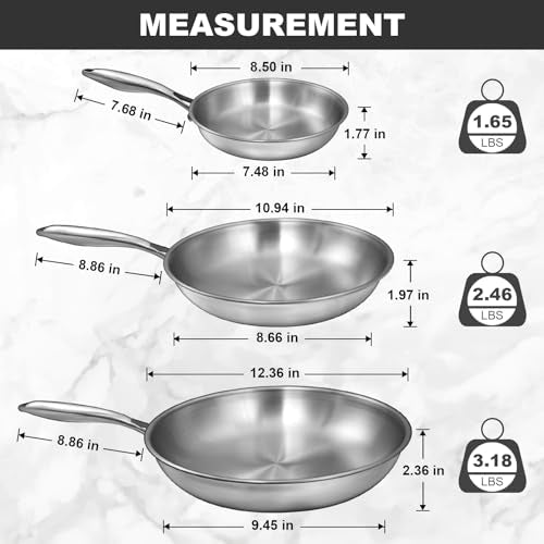 Tri-Ply Stainless Steel Frying Pan Set - 8, 10 & 12 Inch, Oven & Dishwasher Safe