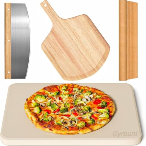 15x12 Inch Pizza Stone Set with Wooden Peel and Accessories for Oven & Grill - Gyreuni