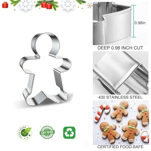 Christmas Cookie Cutter Set 6 Pieces - Christmas Tree, Gingerbread Man, Snowman, Snowflake, Candy Cane, Santa Face Shapes for Holiday Food Party Decorations and Baking