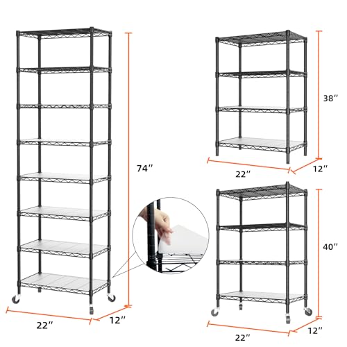 SINGAYE 8-Tier Metal Wire Closet Shelf with Wheels, 12 x 22 x 74 Inches, Black