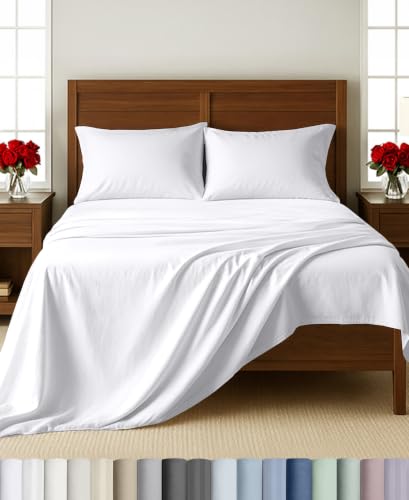 Queen Bed Sheets Set - White 4-Piece 100% Cotton Sateen, Deep Pockets