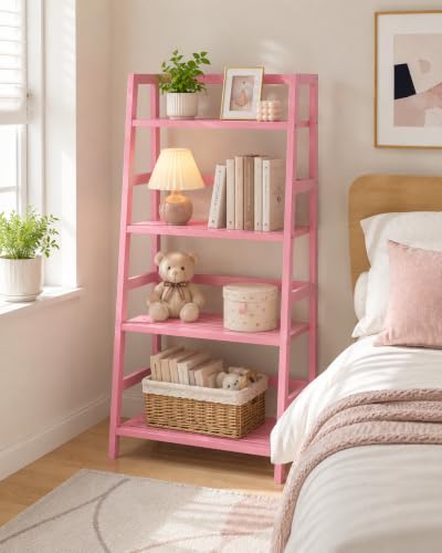 Pink Ladder Shelf - 4-Tier Bamboo Bookcase & Organizer for Home