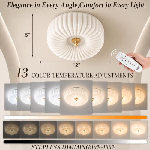 12-Inch Dimmable LED Milk Glass Ceiling Light - Gold Flush Mount, Sunflower Inspired, Remote Control