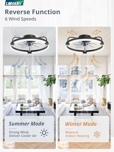 20-Inch Ceiling Fan with Lights and Remote Control - Black, Low Profile, Dimmable LED Light, Reversible Motor