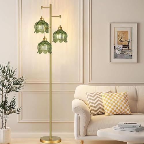 Vintage Floor Lamp with 3 Glass Flower Shades - Tall Gold Mid-Century Modern Standing Lamp with Amber Green Variation