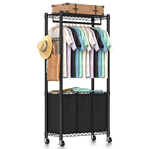 Hodonas Rolling Laundry Basket with Wheels & Hanging Bar - Black