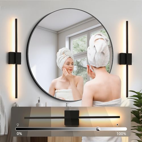 Black Wall Sconces Set of Two, 28 Inch Dimmable LED Bathroom Lights - Modern Minimalist Design