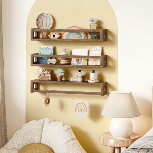 Nursery Wall Book Shelves - Solid Wood Floating Shelves in Walnut Brown, 23.6 Inch - Set of 3