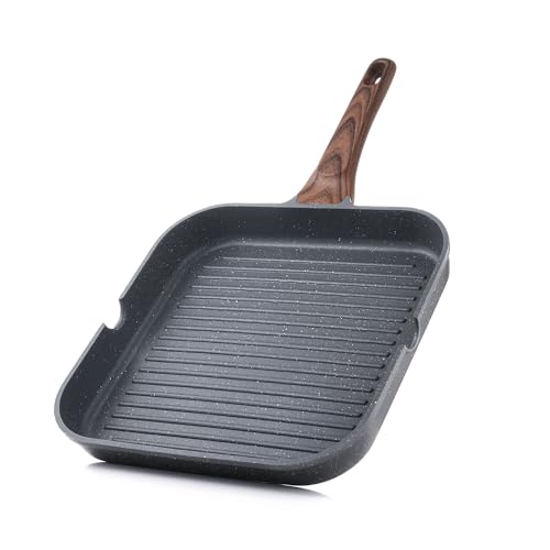 Gray Granite 11-Inch Nonstick Grill Pan for Stove Tops - Square Griddle with Pour Spouts, Versatile Indoor & Outdoor Cooking