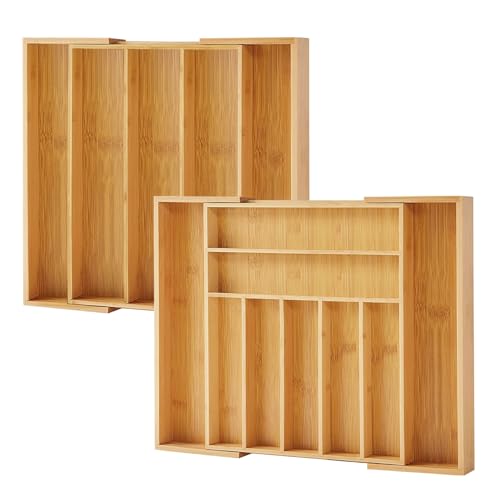 Natural Expandable Bamboo Drawer Organizer 7-9 Slots - Purawood 2 Pack