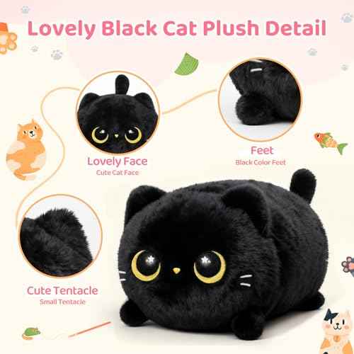 Mewaii Black Cat Plush, Cute Cat Plushies Toy, Soft Kitten Plushie Cuddle Pillow, Anime Plushie Doll, Cute Stuff Toys Gift for Girls, Boys and Males (8 Inch)