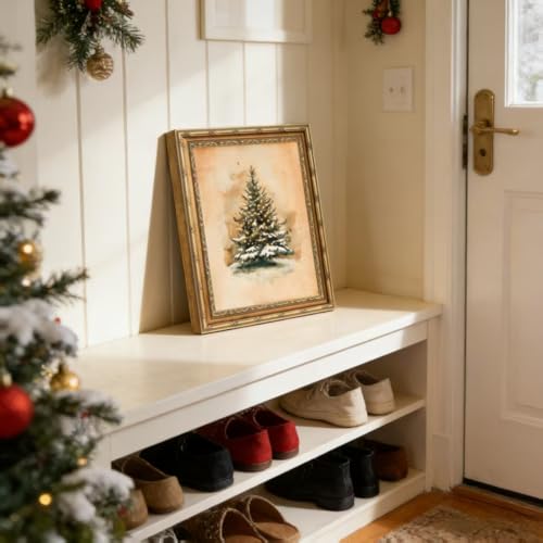 Framed Vintage Christmas Tree Canvas Wall Art 16" x 12" - Farmhouse Rustic Snowy Pine