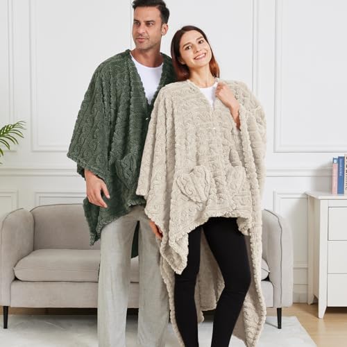 Ivory Wearable Blanket Poncho for Adults Cozy Sherpa Fleece Shawl with Pockets