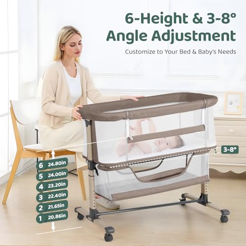 Cowiewie Khaki Bedside Bassinet Bedside Sleeper, Breathable & Adjustable