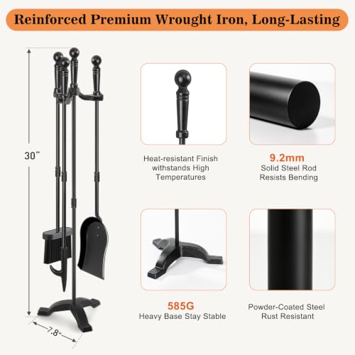 Gtongoko Fireplace Tools Set with Stand - 30 Inch Black Heavy Duty Steel