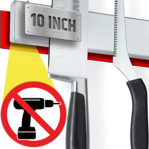 10-Inch No-Drill Magnetic Knife Holder - Strong Adhesive Wall Bar - Stainless Steel - Upgraded Version