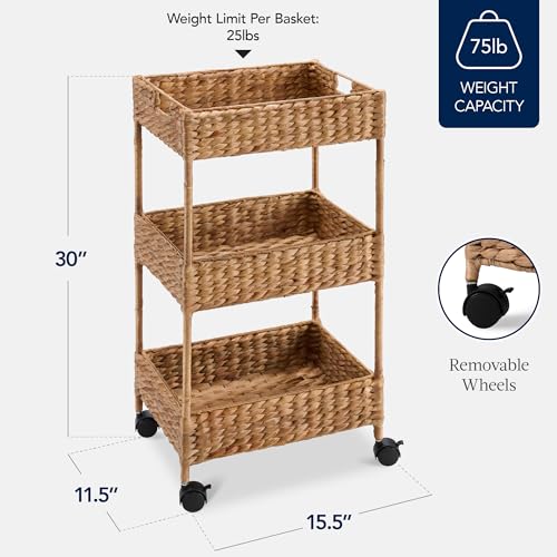 Chestnut Water Hyacinth 3-Tier Rolling Storage Cart with Wheels - Multipurpose Utility Caddy
