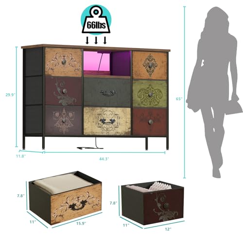 VASICAR Wide TV Stand for 55-Inch TV with LED Lights & Pattern, Dresser with Power Outlets