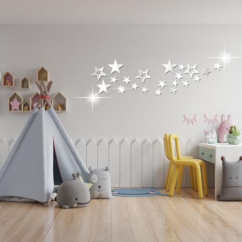 aooyaoo 26pcs Stars Acrylic Mirror Wall Stickers, 4 Sizes, Silver Stars, Stickers with Adhesive, Art Decal, 3D Wall Decorations for Baby Kids Bedroom Home DIY Decor