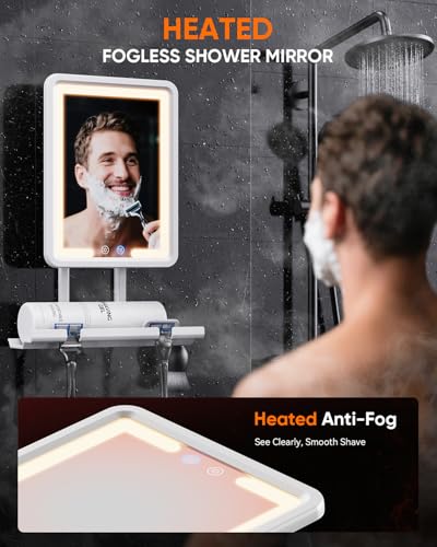 Heated Fogless Shower Mirror for Shaving - White, Stepless Dimmable Lights, Removable, No-Drill