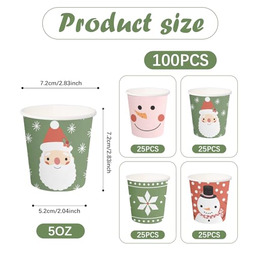 RUSPEPA Christmas 5oz Paper Cups for Kids Santa Snowman 100 Pack - Holiday Disposable Party Cups