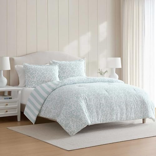 Martha Stewart Queen Comforter Set with Shams - Copper Vines Blue Reversible Cotton Bedding