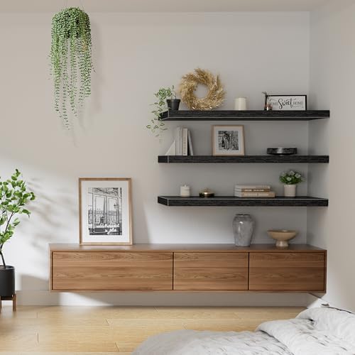 QEEIG 12" Deep Floating Shelves for Wall (Black, Set of 3, 35.4" x