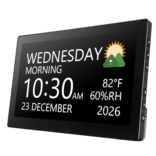 Raynic 10.1 Inch Digital Calendar Clock with 12 Themes, 20 Alarms, Auto Dimming - Black
