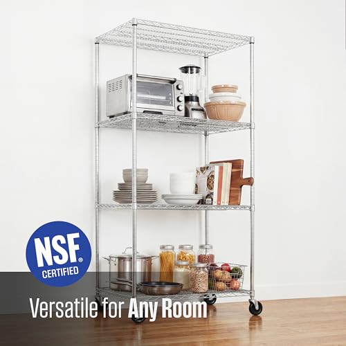 Heavy Duty Wire Shelving Unit - 36x24x72 Inches with Wheels - Silver, 4 Tiers