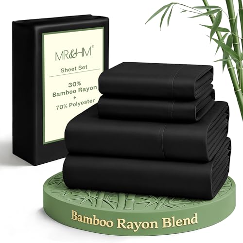 Black Queen Bed Sheets Set - Rayon Bamboo Blend, Deep Fitted & Pillowcases