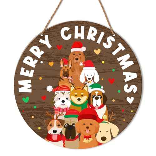 Merry Christmas Dog Sign Decor, Christmas Sign for Front Door Porch Home Xmas Holiday Hanging Sign Decorations Farmhouse Paw Tree Dog Owner Christmas Wooden Wall Sign