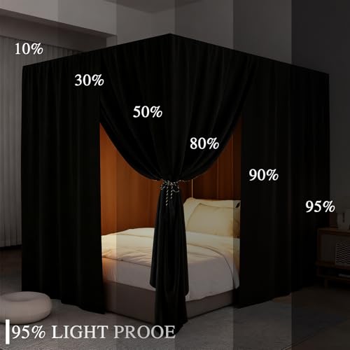 King Black Canopy Bed Curtain 4 Corner Post Bed Drapes - Lightproof & Breathable