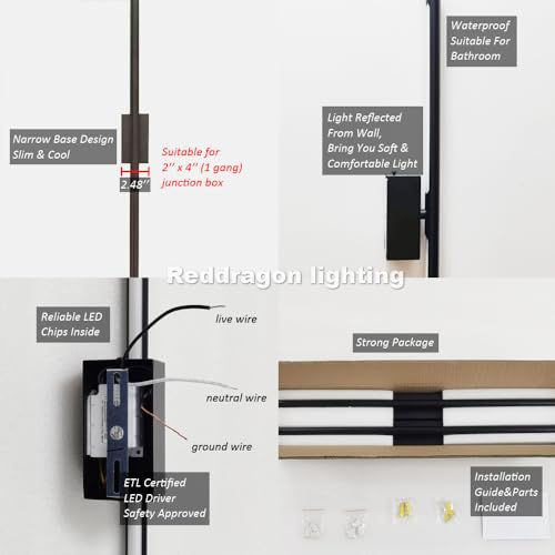 24 Inch Dimmable Wall Sconce Set for Small Junction Box - Black, 2 Pack