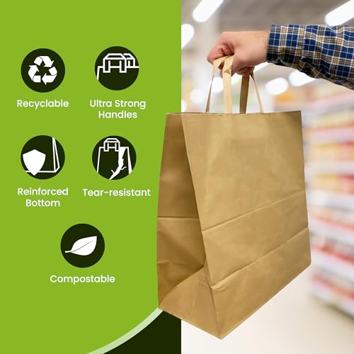 Large Kraft Paper Grocery Bags with Handles | 12x7x14 Inches, 100 Pack