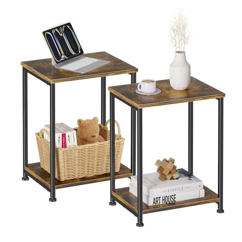 15.75 x 11.8 x 21.5 Inch Set of 2 Rustic Brown End Tables - Space-Saving Nightstands for Living Room & Bedroom
