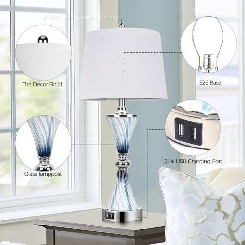 Blue Dimmable Touch Glass Table Lamps with USB Ports - Set of 2 for Bedroom Decor