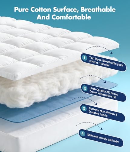 Fracho Queen Cotton Mattress Topper - Extra Thick Pillow Top Bed Pad