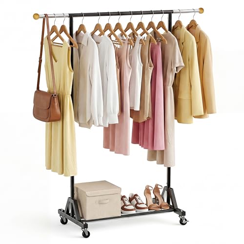 1-Tier Retractable Garment Rack - 56.7 Inches Tall Clothing Organizer with Lockable Wheels