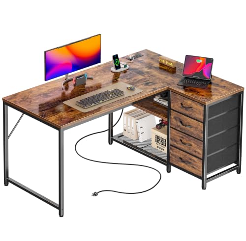 Reversible Small L Shaped Desk with Power Outlets & 4 Drawers - Rustic Brown, 43.3 Inches