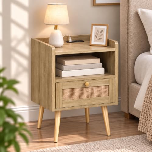MECHYIN Nightstand Set of 2 with Charging Station, Rattan & Solid Wood, Light Oak, 15.9 x 11.8 inches